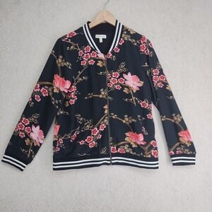 Faith and Joy Bomber Jacket Womens L Floral Black Zip Ribbed